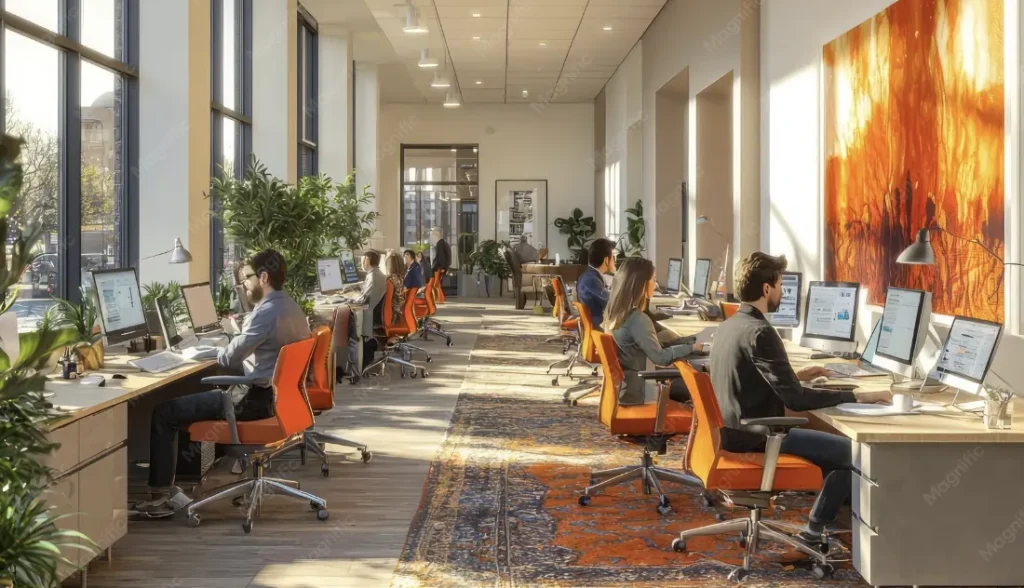 Long office with rows of desks along the windows